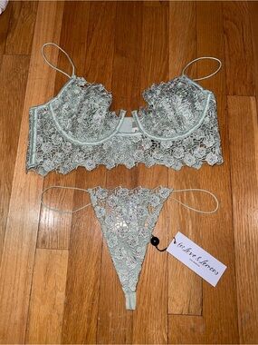 For Love & Lemons Sage Green Lace Underwire Bralette & Thong Set